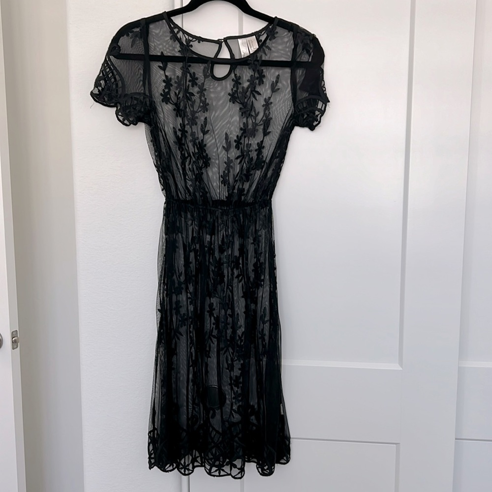 Forever 21 Black Sheer Lace Embroidered Midi Dress